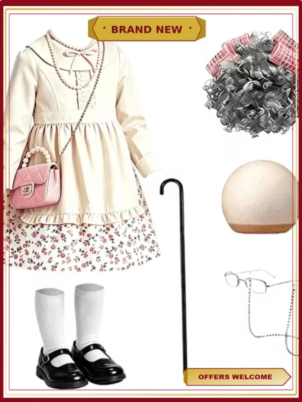 Girls Old Lady Costume 10Pc Set 100 Days of School Halloween Grandma Dress Up